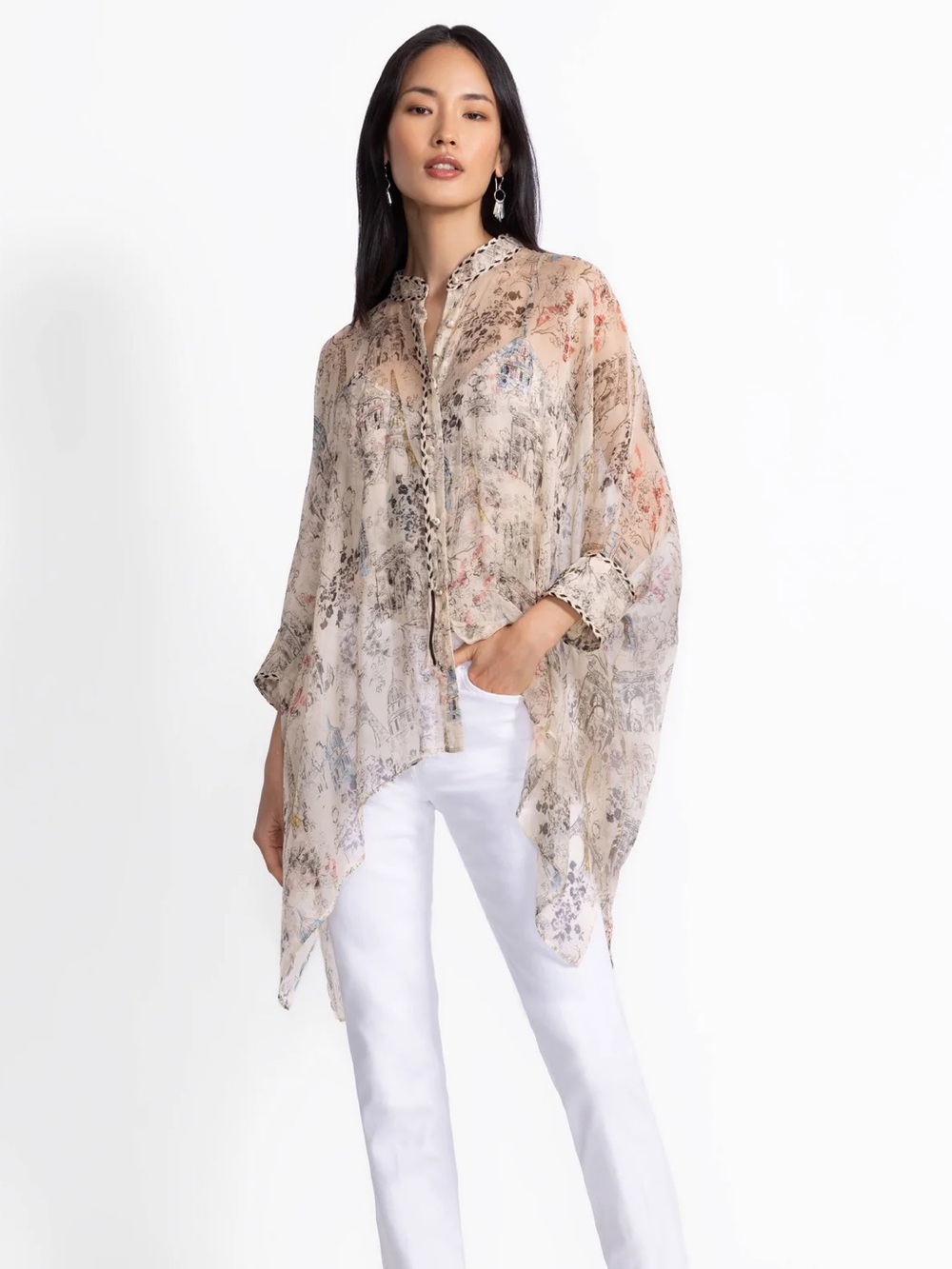 Johnny Was Beige and Black Floral Button-Front Shirt